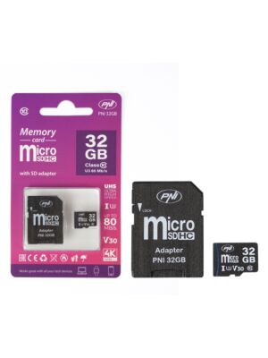 Κάρτα μνήμης MicroSD PNI 32 GB με προσαρμογέα SD, Class 10, 80 Mb/s, V30